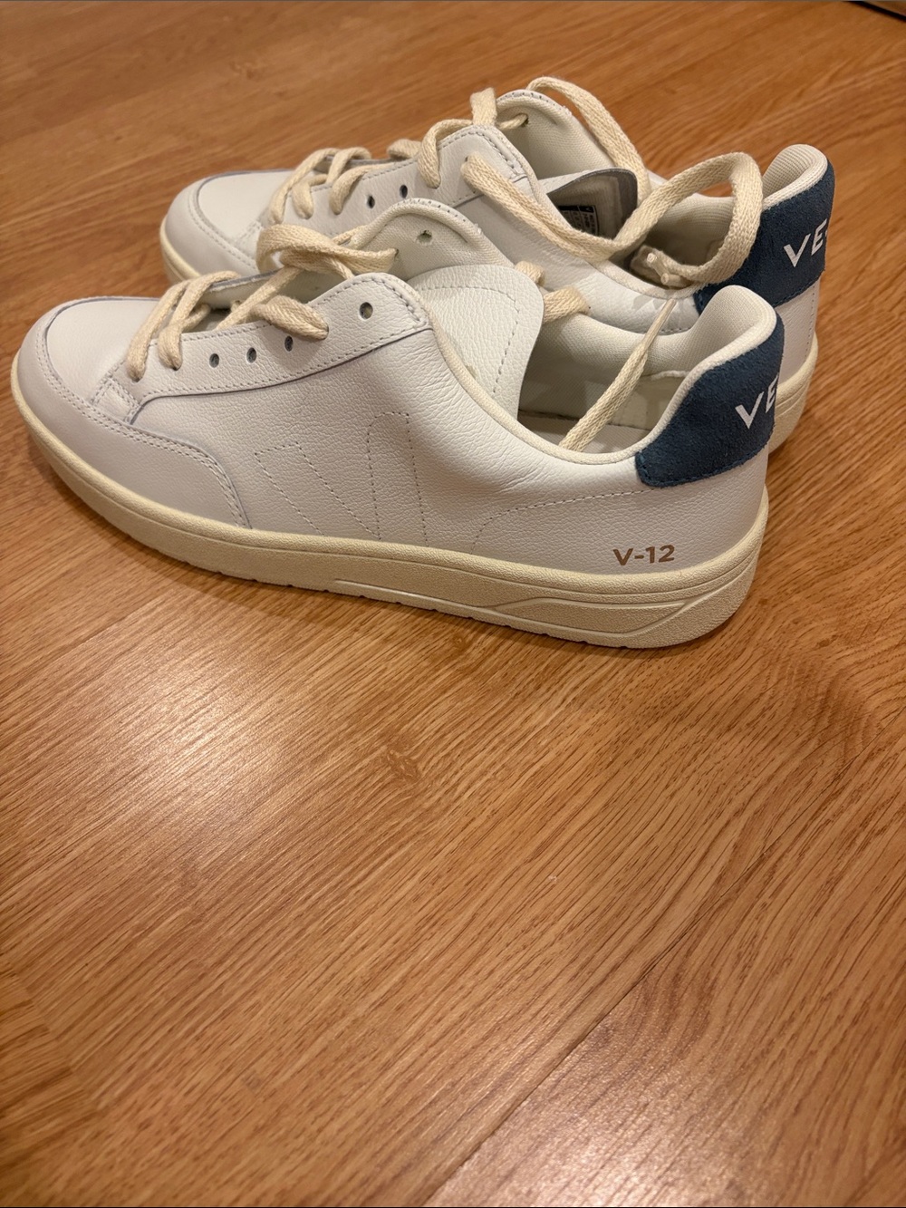 Veja White Sneakers with Navy Heel Tabs and Cream Soles